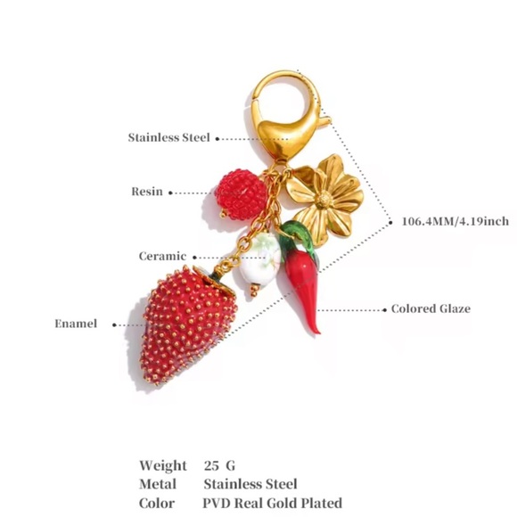 Strawberry Charm 18K Gold Stainless Steel Waterproof Keychain - Picture 8 of 8